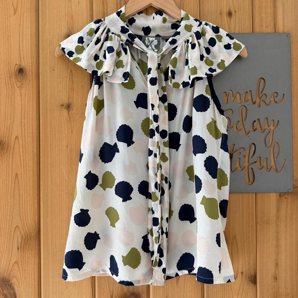 Girls From Savoy Shell Print Silk Ruffle Tie Neck Top Size 4